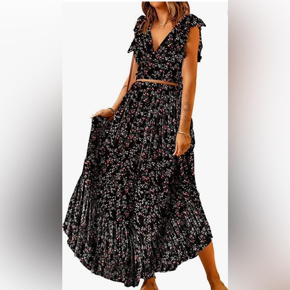 Two-Piece Floral Ruffle Cap-Sleeve and Skirt